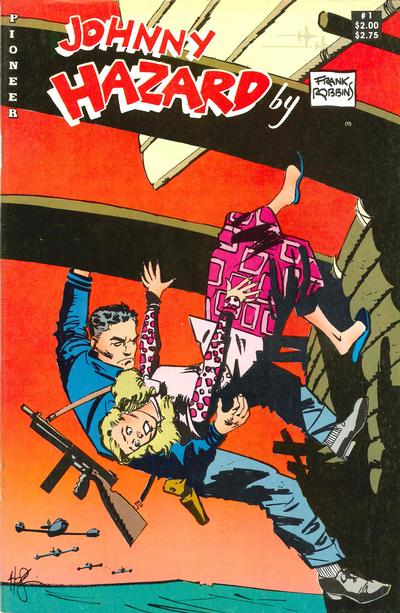 A blonde woman is falling overboard from a junk but Johnny Hazard is there to catch her, hanging off a plank. In the background US 2950s fighter jets are closing in